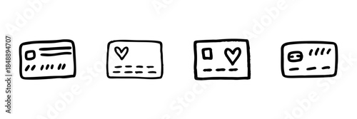 Credit Card Line Icon Set In Doodle Style. Financial Transactions, Payment Methods, And Banking Outline Sketch Collection. Hand Drawn Isolated Vector Illustration
