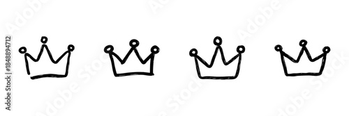 Four Crown Line Icons In Doodle Style. Royalty, Leadership, And Authority Symbol Outline Sketch Collection. Hand Drawn Isolated Vector Illustration