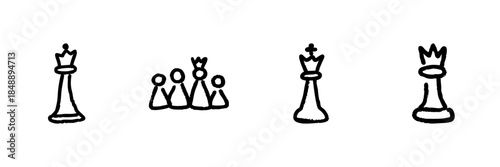 Chess Pieces And Team Line Icon Set In Doodle Style. Strategy, Leadership, And Teamwork Outline Sketch Collection. Chess Game Elements. Hand Drawn Isolated Vector Illustration