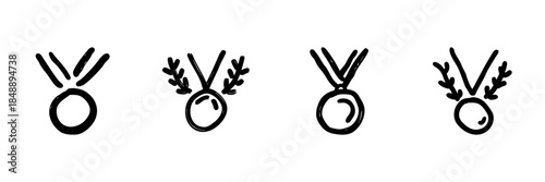 Medal Line Icon Set In Doodle Style. Achievement, Victory, And Award Recognition Outline Sketch Collection. Sports And Competition Symbols. Hand Drawn Isolated Vector Illustration