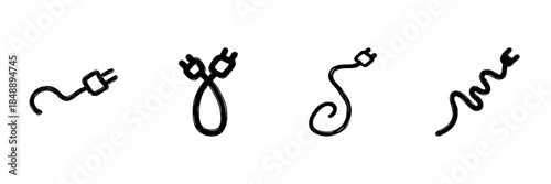 Electric Plugs And Cords Line Icon Set In Doodle Style. Power Connection, Energy Supply, And Electrical Wiring Outline Sketch Collection. Hand Drawn Isolated Vector Illustration