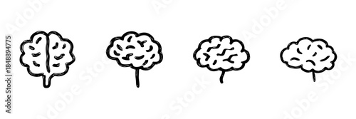 Four Brain Line Icons In Doodle Style. Cognitive Function, Intelligence, And Creativity Outline Sketch Collection. Neuroscience And Mental Health. Hand Drawn Isolated Vector Illustration