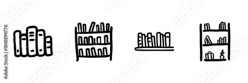 Books And Bookshelves Line Icon Set In Doodle Style. Library Organization, Reading, And Literature Collection Outline Sketch. Educational And Knowledge. Hand Drawn Isolated Vector Illustration