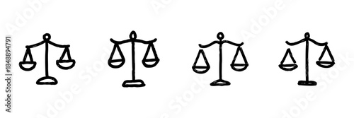 Scales Of Justice Line Icon Set In Doodle Style. Legal Balance, Fairness, And Equality Representation Outline Sketch Collection. Law And Order Symbol. Hand Drawn Isolated Vector Illustration
