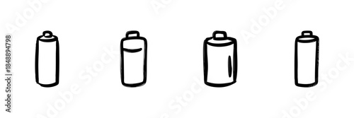 Four Battery Line Icons In Doodle Style. Energy Storage, Power Supply, And Charging Solutions Outline Sketch Collection. Hand Drawn Isolated Vector Illustration
