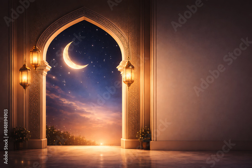 Elegant Ramadan Mubarak Background with Islamic Arch Window and Crescent Moon