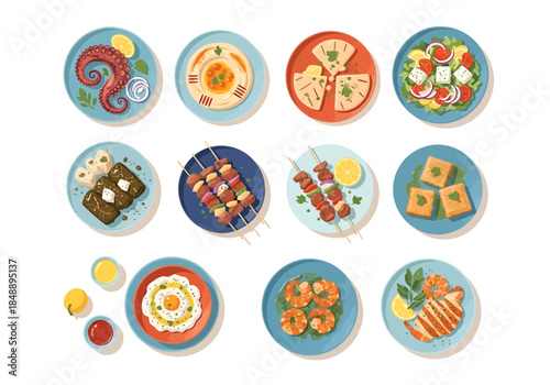 Twelve topdown illustrations of various Greek food dishes on white background