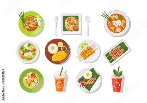 A collection of twelve distinct Thai food and drink items displayed from a topdown view