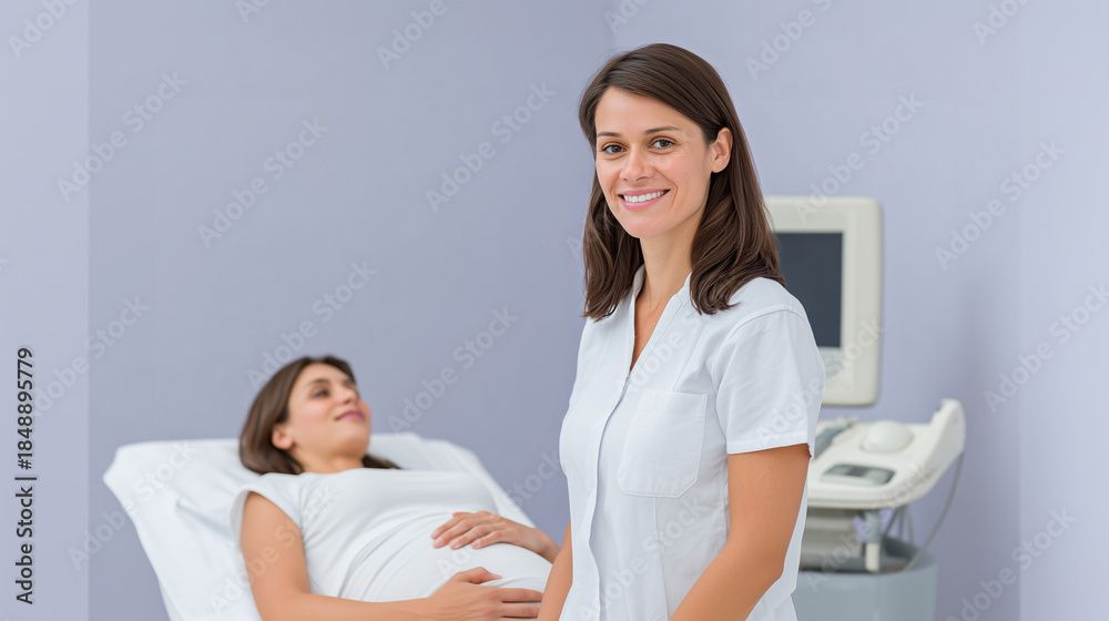 Fototapeta premium Smiling female doctor standing foreground, pregnant woman lying background clinic examination room near ultrasound equipment, maternity concept