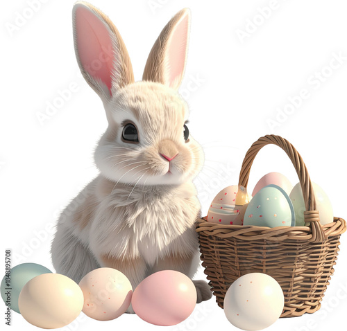 Cute fluffy rabbit sitting beside a wicker basket filled with decorated Easter eggs in various pastel colors