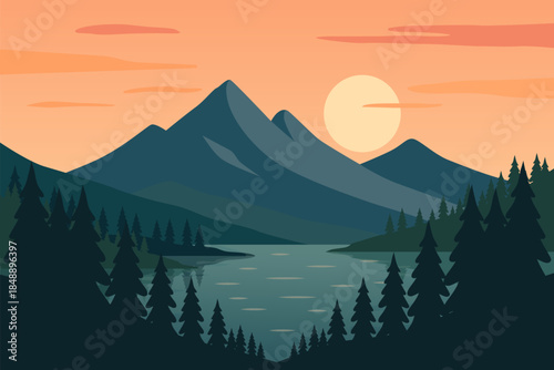 Illustration of a landscape. Mountain landscape with a lake and fir trees at sunset.