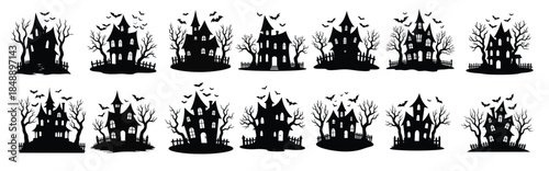 Halloween haunted houses with bats and bare trees spooky vector illustration