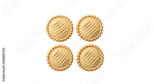 Top View of Four Round Butter Cookies with Crimped Edges Isolated on White Background
