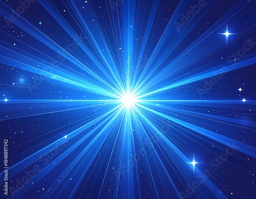 Radiating blue light bursts from a center point surrounded by twinkling stars against a dark blue background
