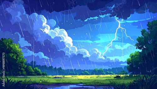 Rainy landscape with lightning blue-hued sky, rain falling over green field, and a burst of electrifying lightning
