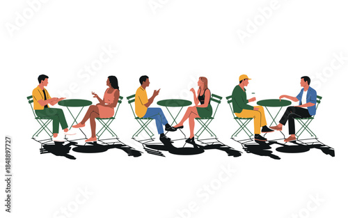 People sitting at outdoor cafe tables and talking in a flat vector illustration style isolated on white background for lifestyle and social gathering concepts.