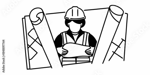 Professional architect or engineer wearing hard hat holding construction blueprints line art vector.