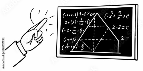 "Hand pointing at chalkboard with complex geometry formulas and triangle diagram line art vector"