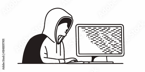 "Hooded hacker silhouette working on computer for cyber crime and data theft concept line art vector"