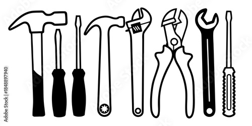 Professional hand tools set with hammers wrenches and screwdrivers line art vector.