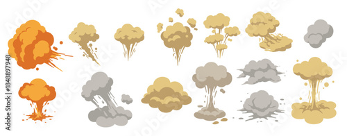 collection of cartoon explosion clouds with smoke in flat style