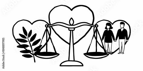 Work life balance concept with heart shapes weighing scale leaves and a couple line art vector.