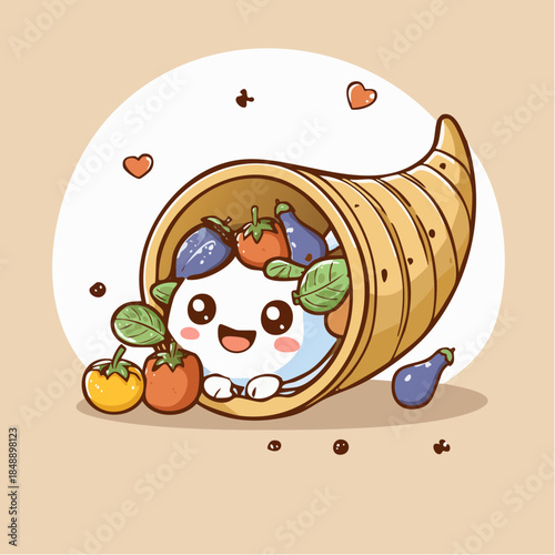 Charming Cartoon Cornucopia Filled with Fresh Vegetables and Cute Character, Celebrating Harvest and Abundance