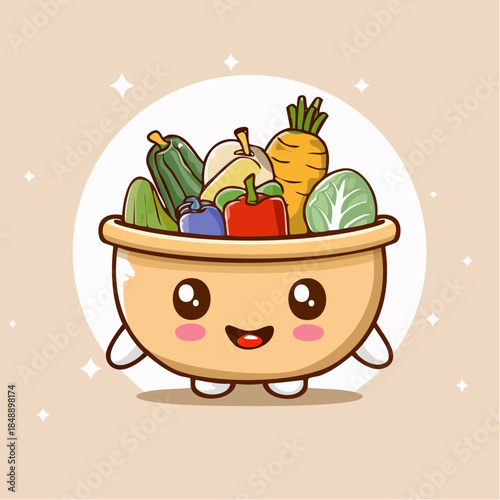 Cheerful and whimsical cartoon character bowl brimming with a colorful assortment of fresh, garden-picked vegetables and fruits, symbolizing healthy eating and a vibrant, nutritious lifestyle