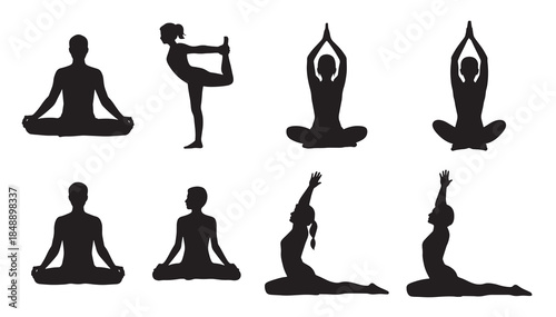 diverse yoga poses silhouettes for wellness and fitness