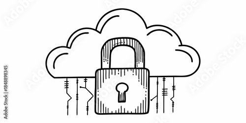 Secure cloud computing concept with padlock and digital data cloud line art vector