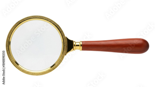 Magnifying glass with golden frame and wooden handle isolated PNG, classic detective tool for investigation and close inspection