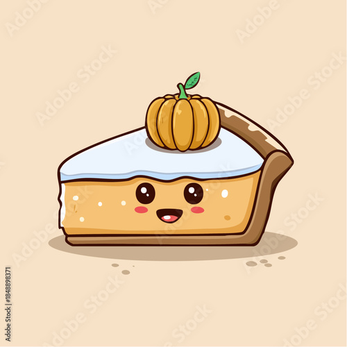 Cute cartoon slice of pumpkin pie with a happy face and a small pumpkin on top, perfect for autumn and Thanksgiving celebrations