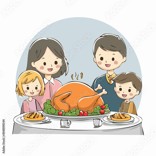 Happy family gathered around a Thanksgiving dinner table with a roasted turkey, celebrating the holiday season together