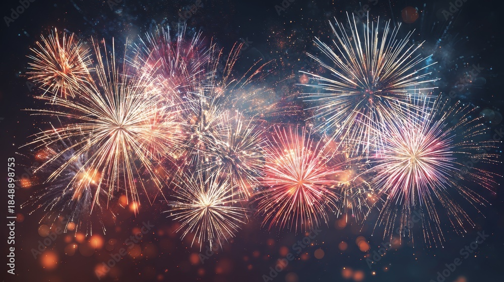 Naklejka premium Colorful firework celebration abstract holiday background with vibrant bokeh lights in night sky, symbolizing New Year joy, optimism, festive atmosphere, celebration energy seasonal greeting concepts