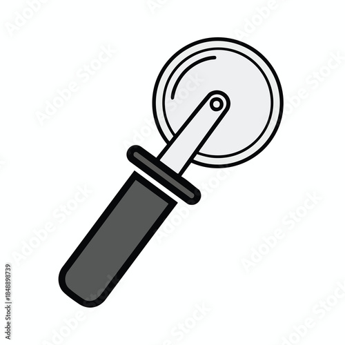 Stylized, angled depiction of a pizza cutter featuring a wheel and a gray handle