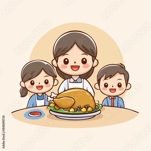 Happy family enjoying a festive roasted dinner. Mother, daughter, and son gathered for a joyful homemade meal, celebrating togetherness and love