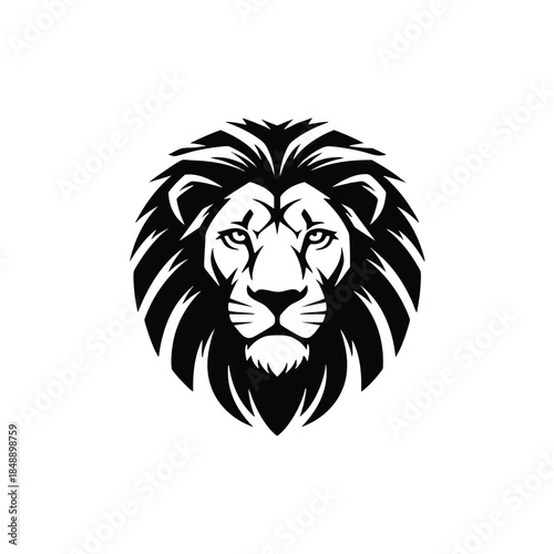 A stylized black and white lion head, bold lines and details with focused gaze