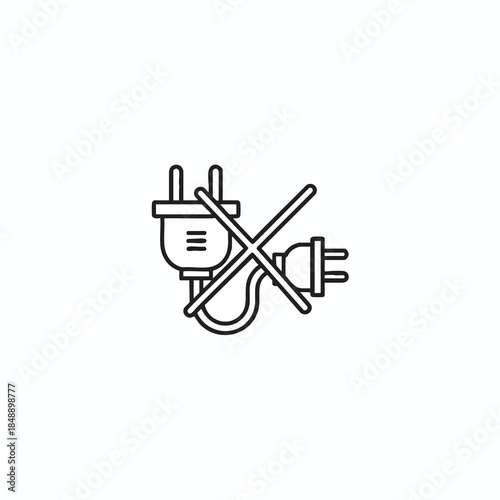 Black and white image of a plug and cable with a line crossing them, symbol