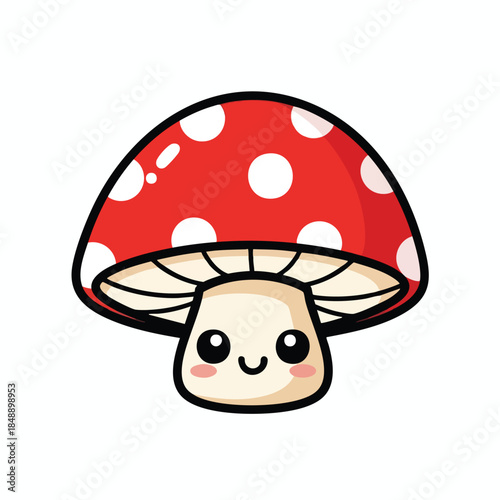 A cute mushroom illustration with a red cap, white dots, and smiling face