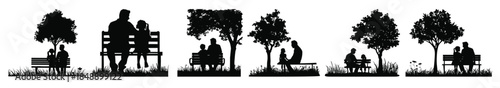 father and daughter sitting on a bench under tree black