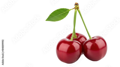 Three ripe red cherries with stem and leaf isolated PNG, fresh summer fruit on transparent background for healthy eating and dessert concepts