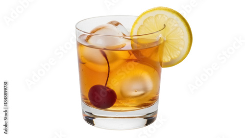 Isolated classic old fashioned cocktail with lemon slice, bourbon and maraschino cherry