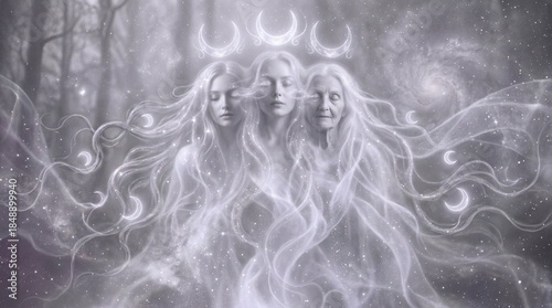 Wicca Triple Goddess Symbol Rising Above Moon Phases In Sacred Mist