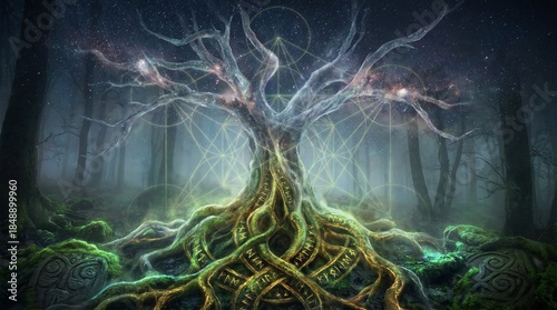 Wicca Tree Of Life With Roots In Stars And Branches In Light