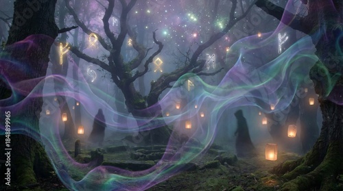 Wicca Veil Of Mist Rolling Over Pines With Faint Sigils