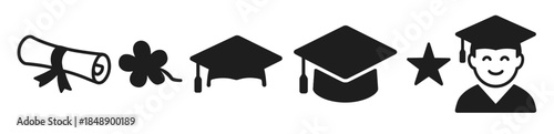 graduation cap and ceremony icons in black silhouette style