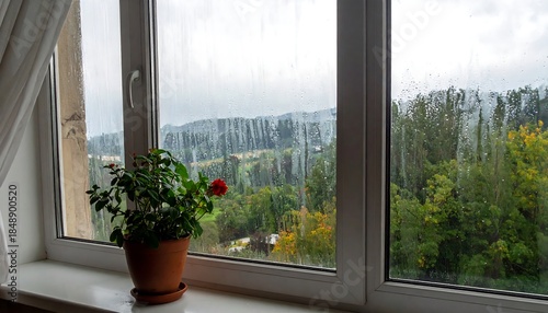 Rainy view seen through window with potted rose