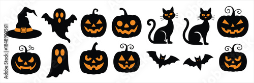 halloween silhouettes black cats pumpkins bats ghosts