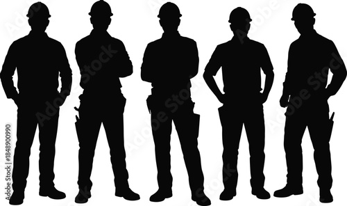 Construction workers silhouette vector, labor team illustration, industrial crew in hard hats, teamwork concept, black design, occupational safety, job site icons