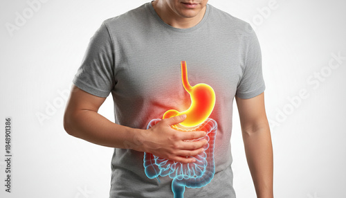 Digestive problems and stomach pain. Man suffering from heartburn, gastritis, or indigestion with highlighted internal organs.